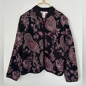 Dressbarn Black Pink Paisley Full Zip Knit Tapestry Jacket Women’s Medium